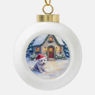 Glen of Imaal Terrier Snowy Cottage Santa Hat Ceramic Ball Christmas Ornament