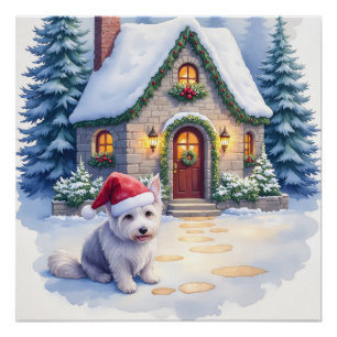 Glen of Imaal Terrier Snowy Cottage Santa Hat Poster