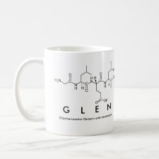 Mug featuring the name Glen spelled out in the single letter amino acid code