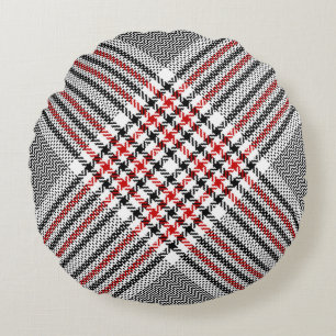 Glen plaid pattern. Black, red, white seamless tar Round Cushion