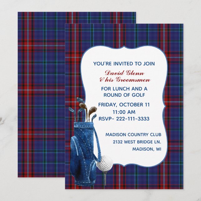 Glenn Plaid Groom's Golf Party Invitation (Front/Back)
