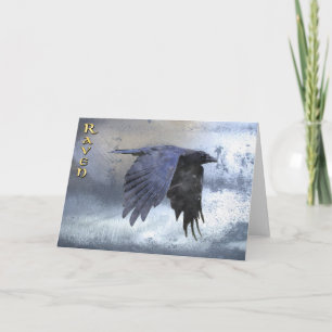 Gliding Black Raven on Steel-look Greeting Card