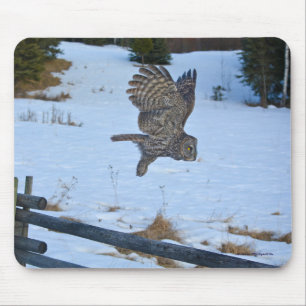 Gliding Great Grey Owl and Snow Wildlife Raptor Mouse Mat