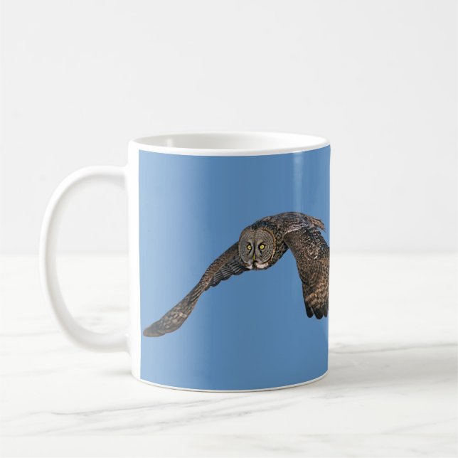 Gliding Great Grey Owl & Blue Sky Wildlife Raptor Coffee Mug (Left)
