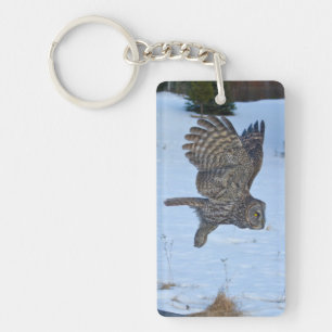 Gliding Great Grey Owl & Snow Wildlife Photo Key Ring
