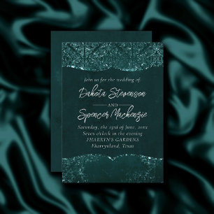 Glimmering Teal Grunge   Rich Green Glam Damask Invitation