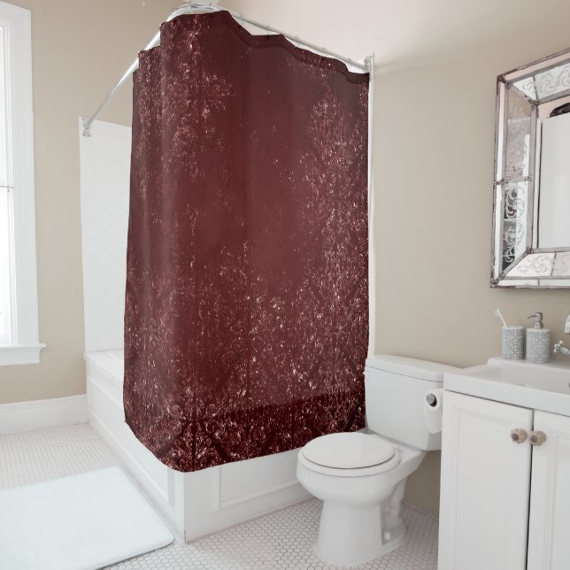 Glimmery Henna Grunge | Rich Blood Red Glam Damask Shower Curtain (In Situ)