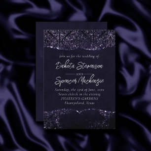Glimmery Indigo Grunge   Midnight Purple Damask Invitation