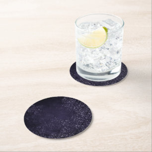 Glimmery Indigo Grunge   Midnight Purple Damask Round Paper Coaster