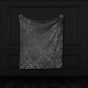 Glimmery Onyx Grunge   Silvery Black Glam Damask Fleece Blanket