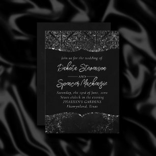 Glimmery Onyx Grunge   Silvery Black Glam Damask Invitation