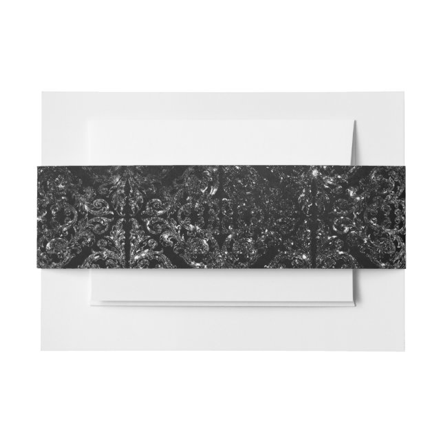 Glimmery Onyx Grunge | Silvery Black Glam Damask Invitation Belly Band (Front Example)
