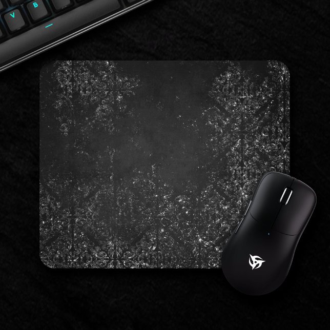 Glimmery Onyx Grunge | Silvery Black Glam Damask Mouse Mat (Creator Uploaded)