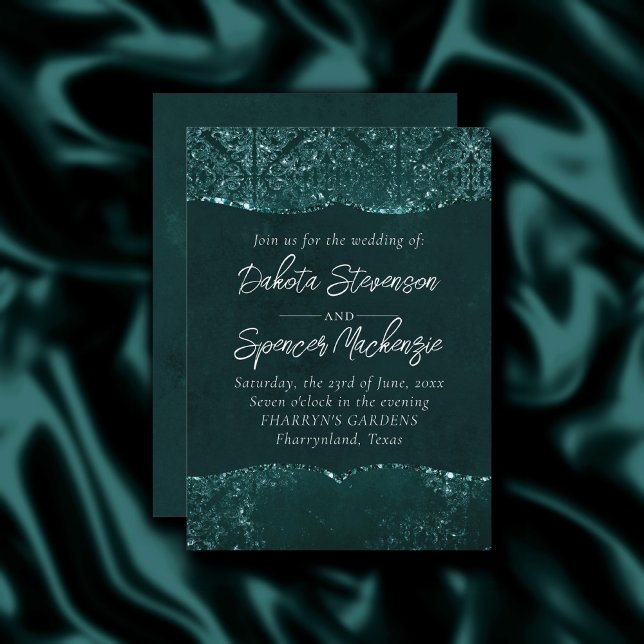 Glimmery Teal Grunge | Rich Dark Green Glam Damask Invitation (Creator Uploaded)