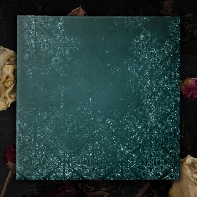 Glimmery Teal Grunge | Rich Dark Green Glam Damask Tile (Creator Uploaded)