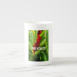 Glistening Red Ginger Flower and Rain-Kissed Leave Bone China Mug