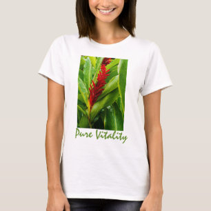 Glistening Red Ginger Flower and Rain-Kissed Leave T-Shirt