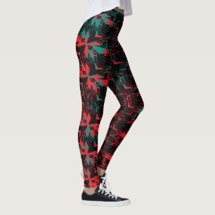 Glitch Art Red and Teal Floral Repeat Leggings