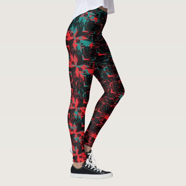 Glitch Art Red and Teal Floral Repeat Leggings (Right)