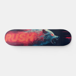Glitch Art Wolf and Neon Red "RUSH" Text Skateboard