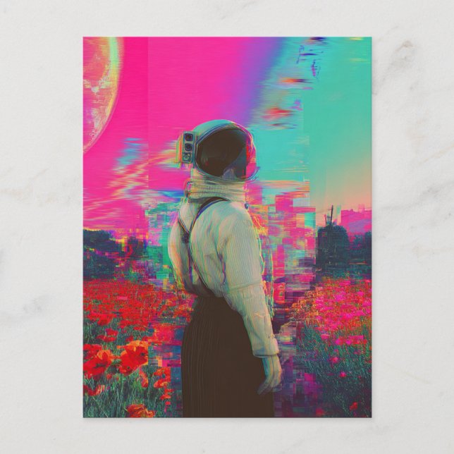 glitch astronaut lady in a poppy field postcard (Front)