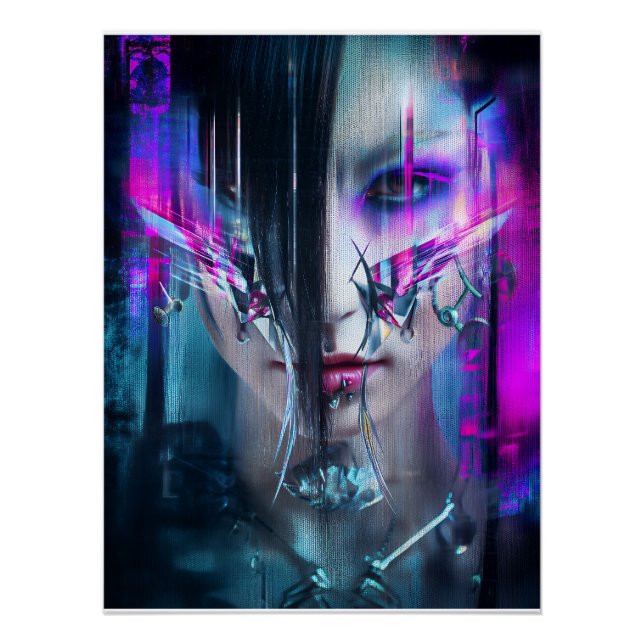Glitch Cyberpunk Face Neon Distortion Portrait Poster (Front)