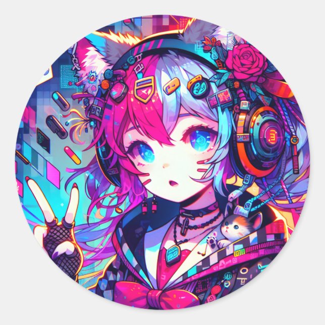 Glitchcore Colourful Anime Artwork Classic Round Sticker (Front)