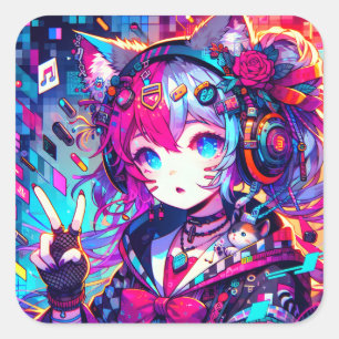 Glitchcore Colourful Anime Artwork Square Sticker