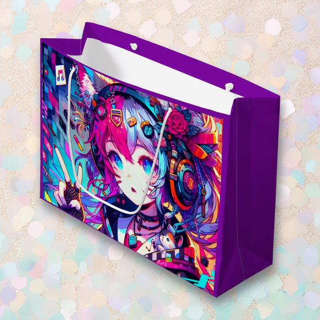 Glitchcore Colourful Anime Girl Artwork Birthday Large Gift Bag (Creator Uploaded)