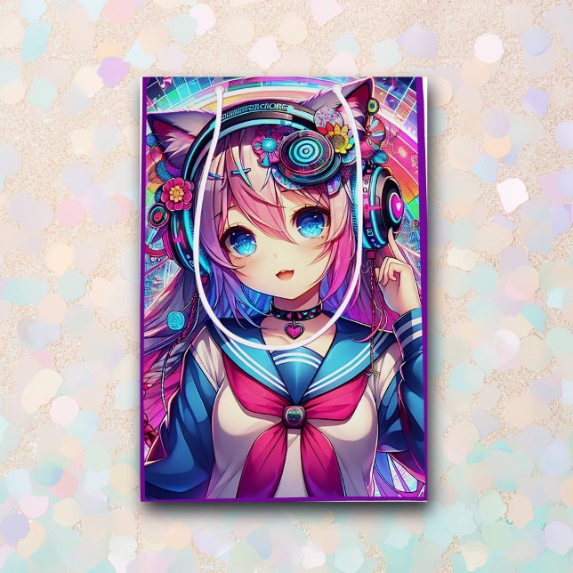 Glitchcore Colourful Anime Girl Artwork Birthday Medium Gift Bag (Creator Uploaded)