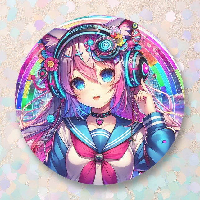 Glitchcore Colourful Anime Girl Artwork  Classic Round Sticker (Creator Uploaded)