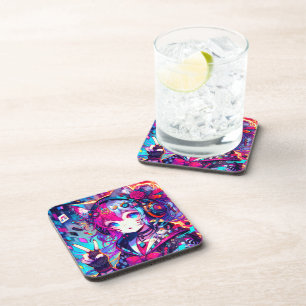 Glitchcore Colourful Anime Girl Artwork  Coaster