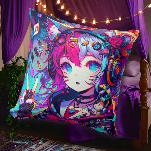 Glitchcore Colourful Anime Girl Artwork  Cushion