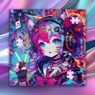 Glitchcore Colourful Anime Girl Artwork  Jigsaw Puzzle