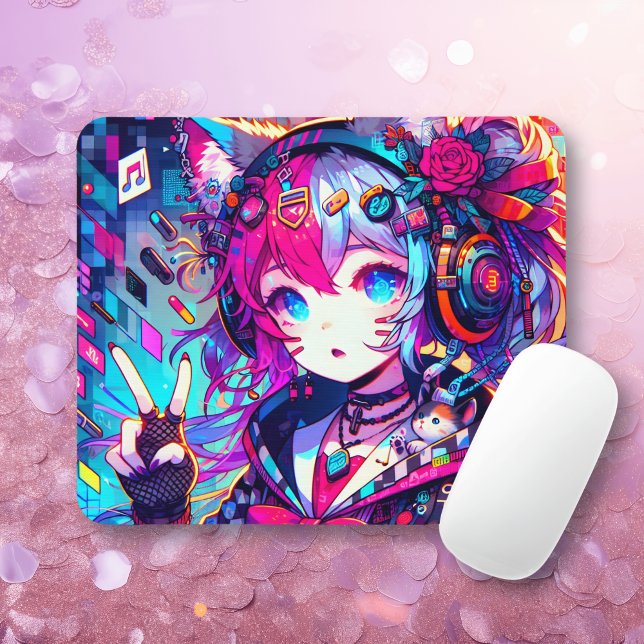 Glitchcore Colourful Anime Girl Artwork  Mouse Mat (Creator Uploaded)