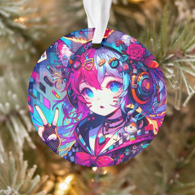 Glitchcore Colourful Anime Girl Artwork  Ornament (Tree)