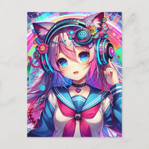Glitchcore Colourful Anime Girl Artwork  Postcard