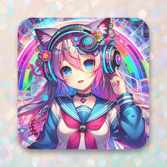 Glitchcore Colourful Anime Girl Artwork  Square Sticker (Creator Uploaded)