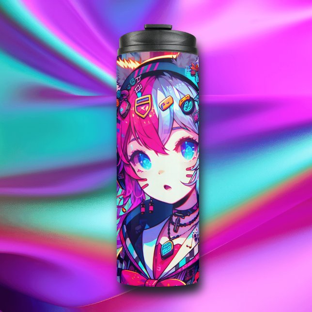 Glitchcore Colourful Anime Girl Artwork  Thermal Tumbler (Creator Uploaded)