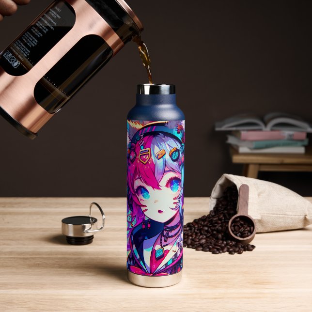 Glitchcore Colourful Anime Girl Artwork  Water Bottle (Coffee)