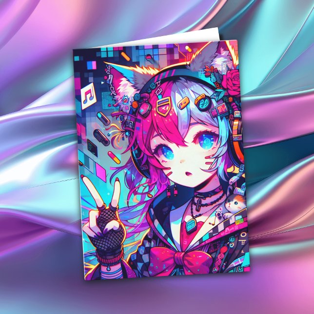 Glitchcore Colourful Anime Girl Birthday Card (Creator Uploaded)