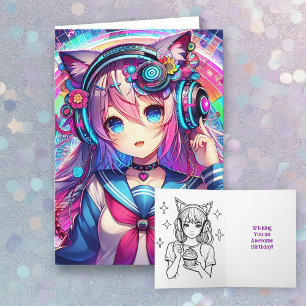 Glitchcore Colourful Anime Girl Birthday Colouring Card