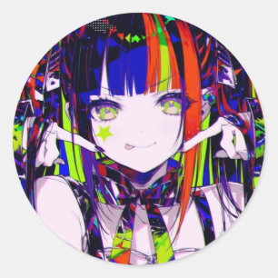 Glitchcore Neon Anime Girl Star Cheek Classic Round Sticker