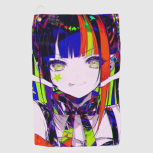 Glitchcore Neon Anime Girl Star Cheek Golf Towel