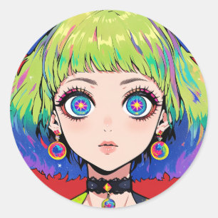 Glitchcore Space Girl With Star Eyes Classic Round Sticker