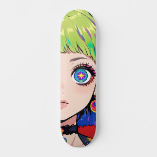 Glitchcore Space Girl With Star Eyes Skateboard