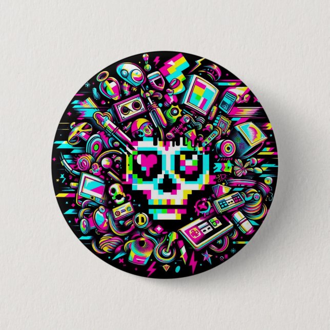 Glitched Out Skull - Heart Eye 6 Cm Round Badge (Front)