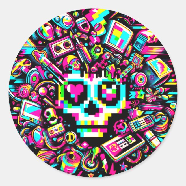 Glitched Out Skull - Heart Eye Classic Round Sticker (Front)