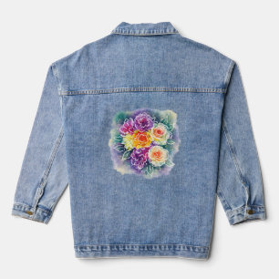 Glitchy Floral Overlay – Watercolor Line Art Bouqu Denim Jacket