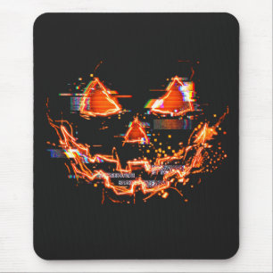 Glitchy Neon Jack O Lantern Cyberpunk Halloween Mouse Mat